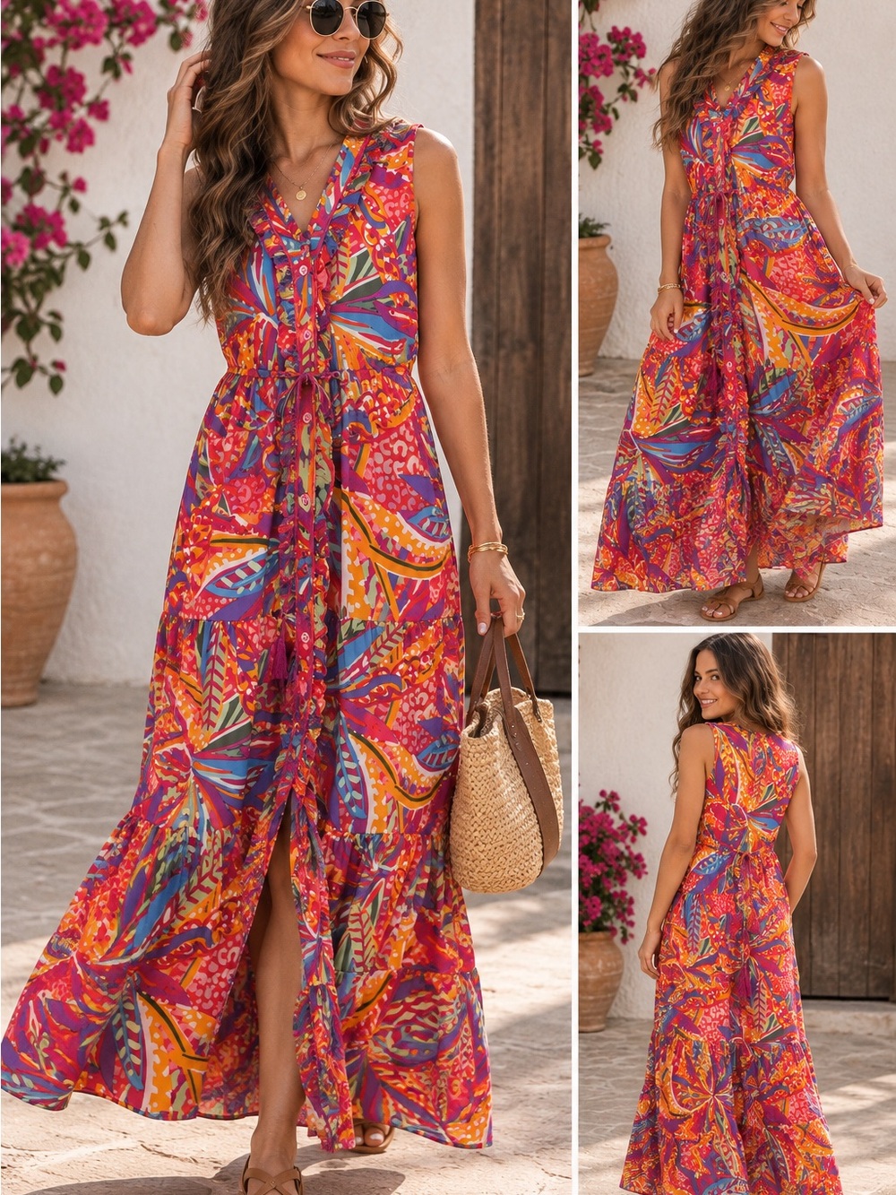 Sleeveless V-Neck Maxi Dress in Multicolor Abstract Print